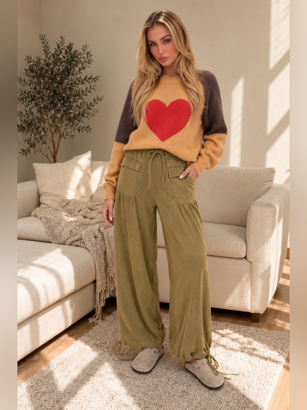 Ready For Takeoff Mineral Washed Terry Knit Pants in Olive